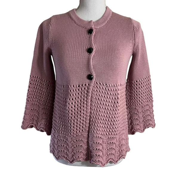 MODA International Cardigan Sweater XS Mauve Nude Pink Scalloped Chunky Buttons - Picture 1 of 13